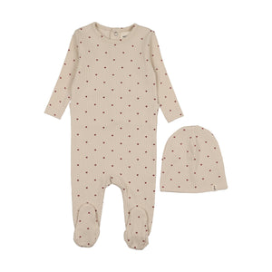 Heart printed footie and beanie - Ecru/red hearts