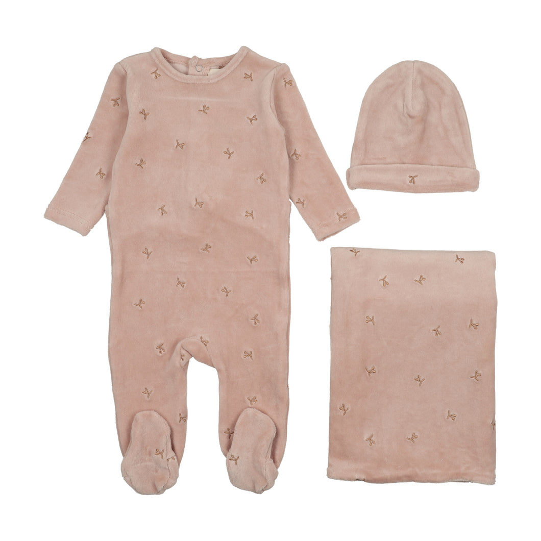 Velour scattered cherries layette set - Dusty light pink/rose dust cherries