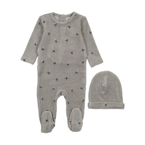 Velour scattered cherries footie and beanie - Misty blue/navy cherries