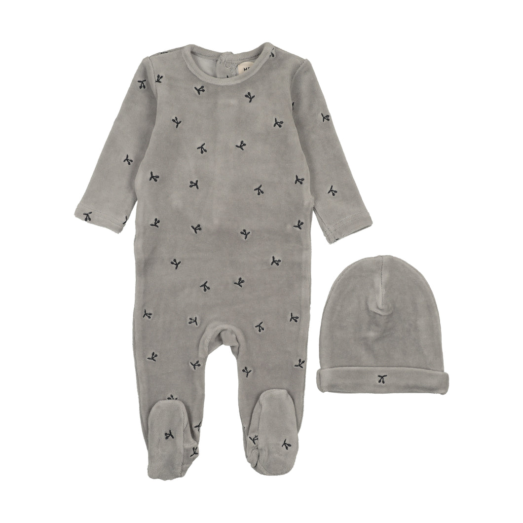 Velour scattered cherries footie and beanie - Misty blue/navy cherries