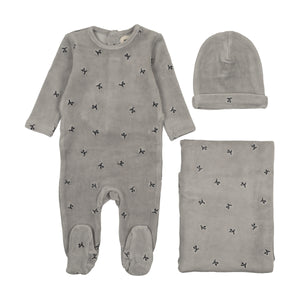 Velour scattered cherries layette set - Misty blue/navy cherries