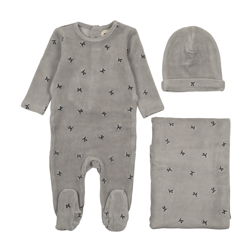 Velour scattered cherries layette set - Misty blue/navy cherries