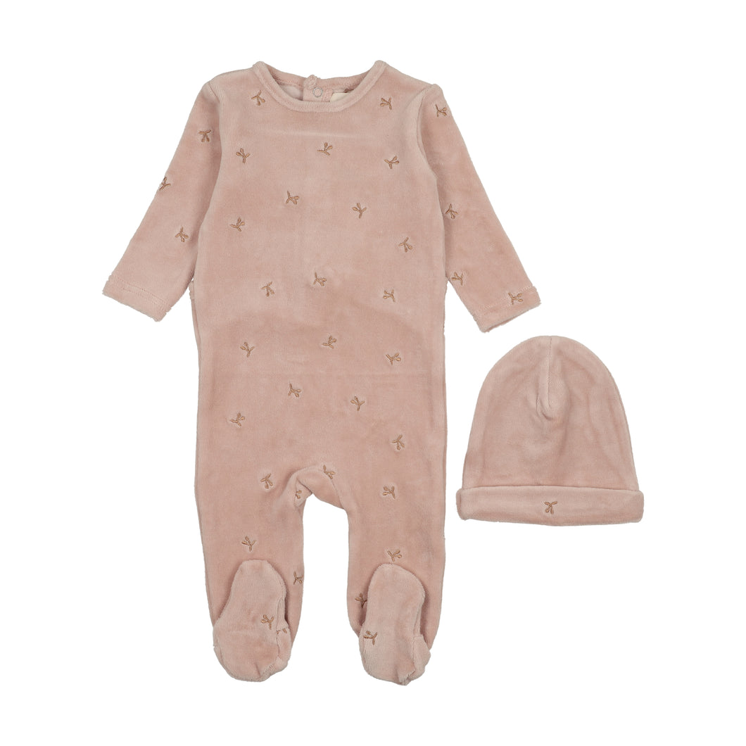 Velour scattered cherries footie and beanie - Dusty light pink/rose dust cherries