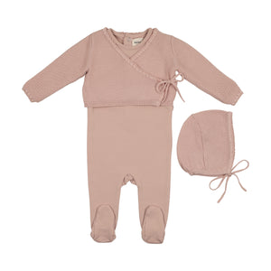 Embroidered edge knit sweater and bonnet and base footie - Pale pink