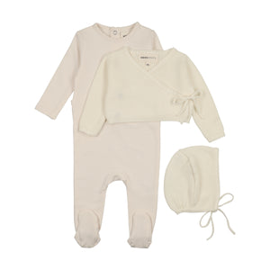 Embroidered edge knit sweater and bonnet and base footie - Ivory