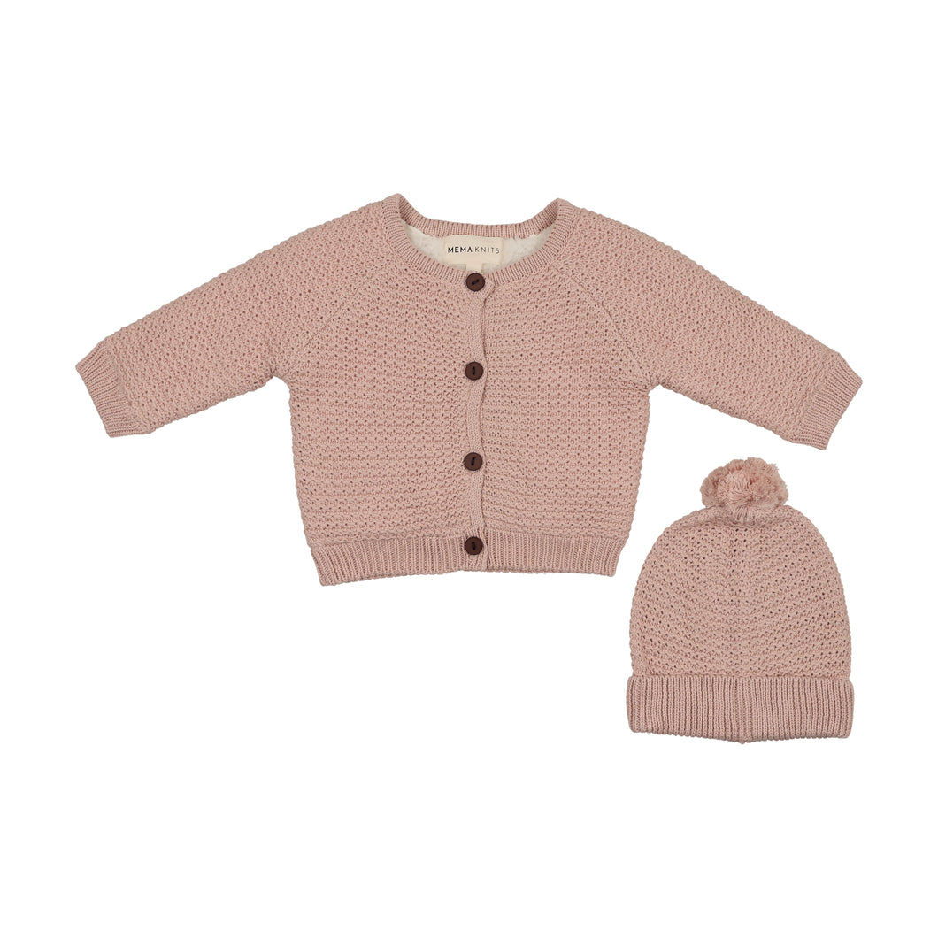 Knit sherpa lined jacket and pompom beanie - Pale pink