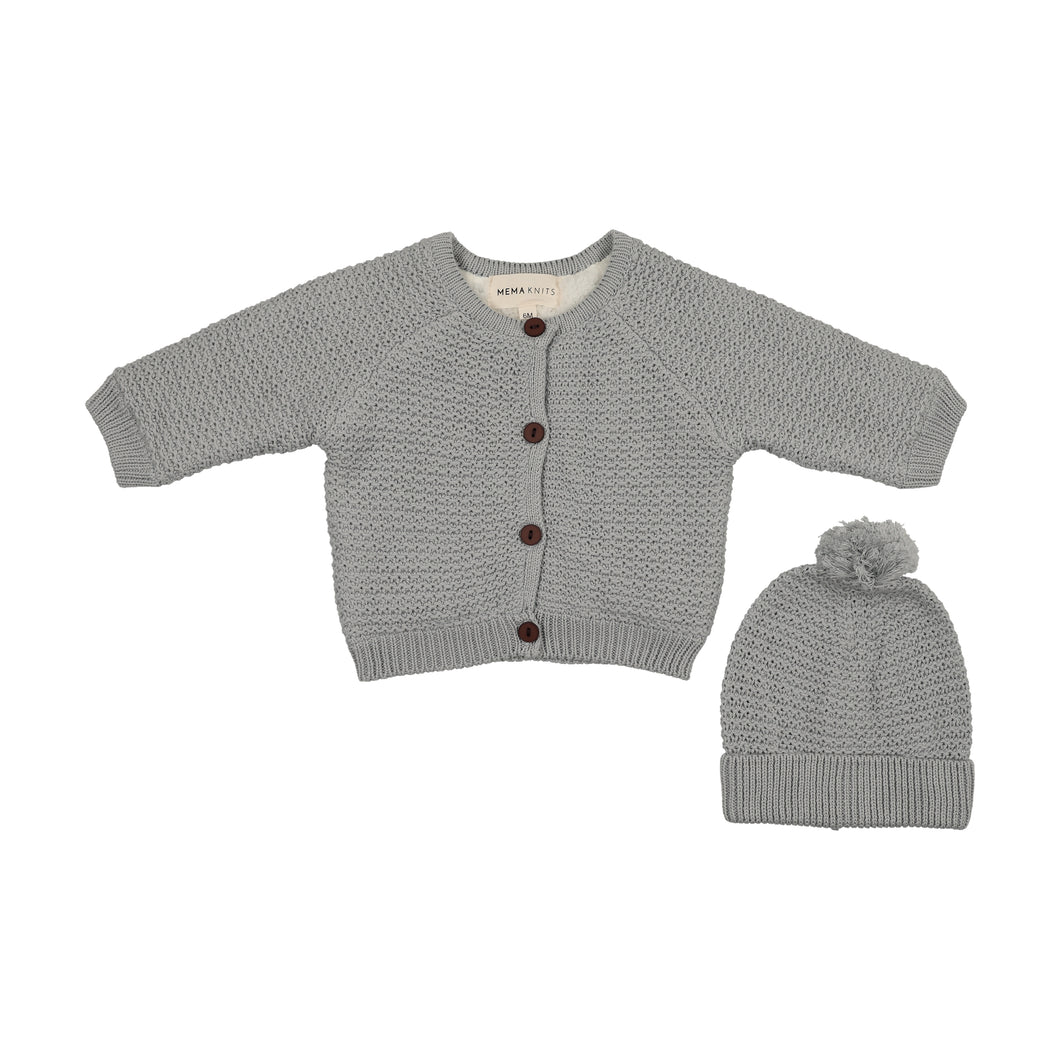 Knit sherpa lined jacket and pompom beanie - Windy blue