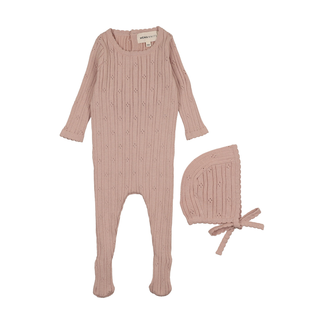Pointelle knit footie and bonnet - Pale pink