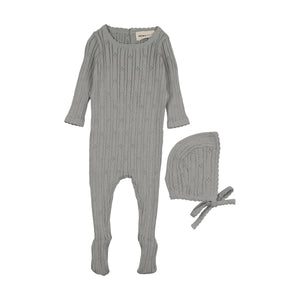 Pointelle knit footie and bonnet - Windy blue