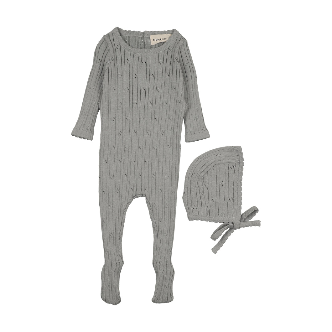 Pointelle knit footie and bonnet - Windy blue