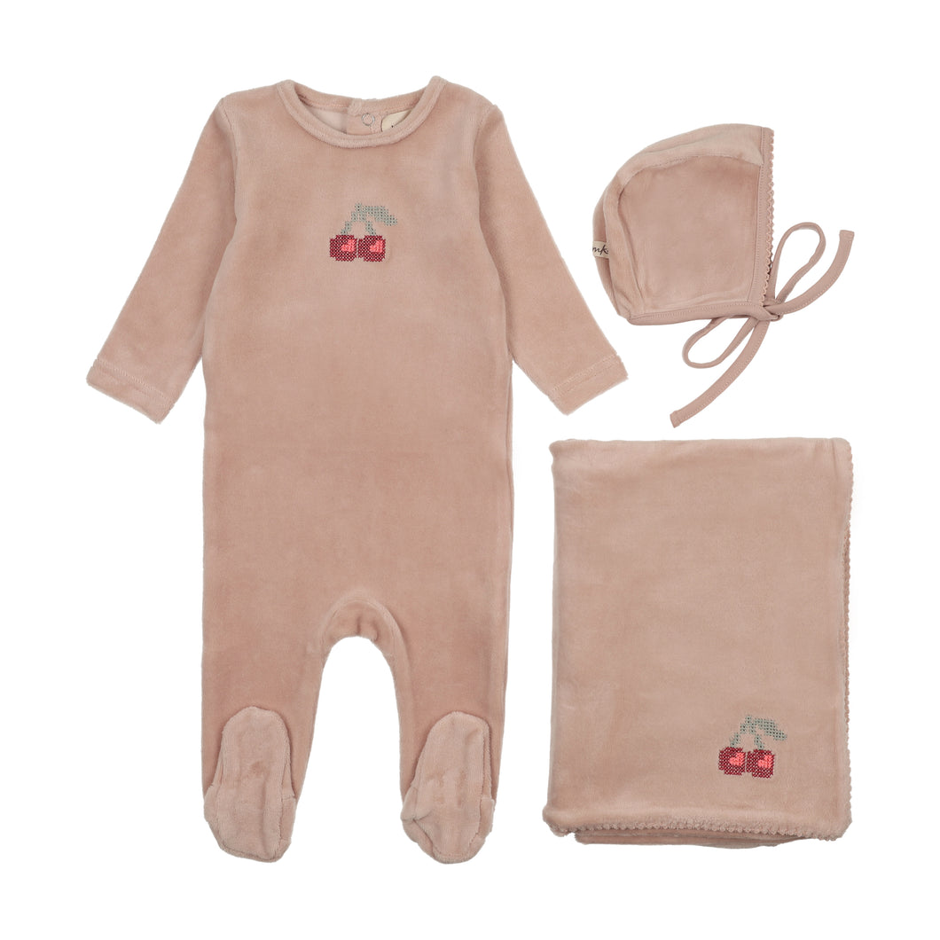 Velour embroidered cherry layette set - pale pink/red cherry