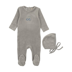 Velour embroidered cherry footie and bonnet - misty blue/blue cherry