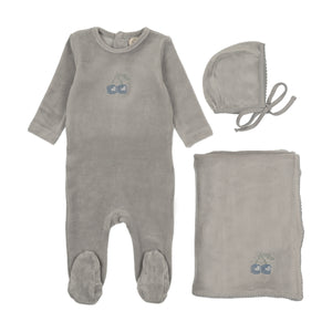 Velour embroidered cherry layette set - misty blue/blue cherry