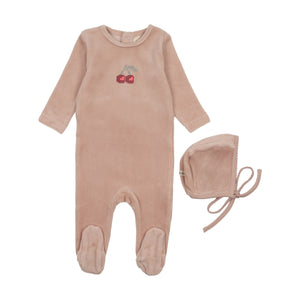 Velour embroidered cherry footie and bonnet - pale pink/red cherry