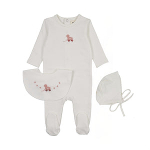 Embroidered duck footie, bonnet and bib - Winter white/pink duck
