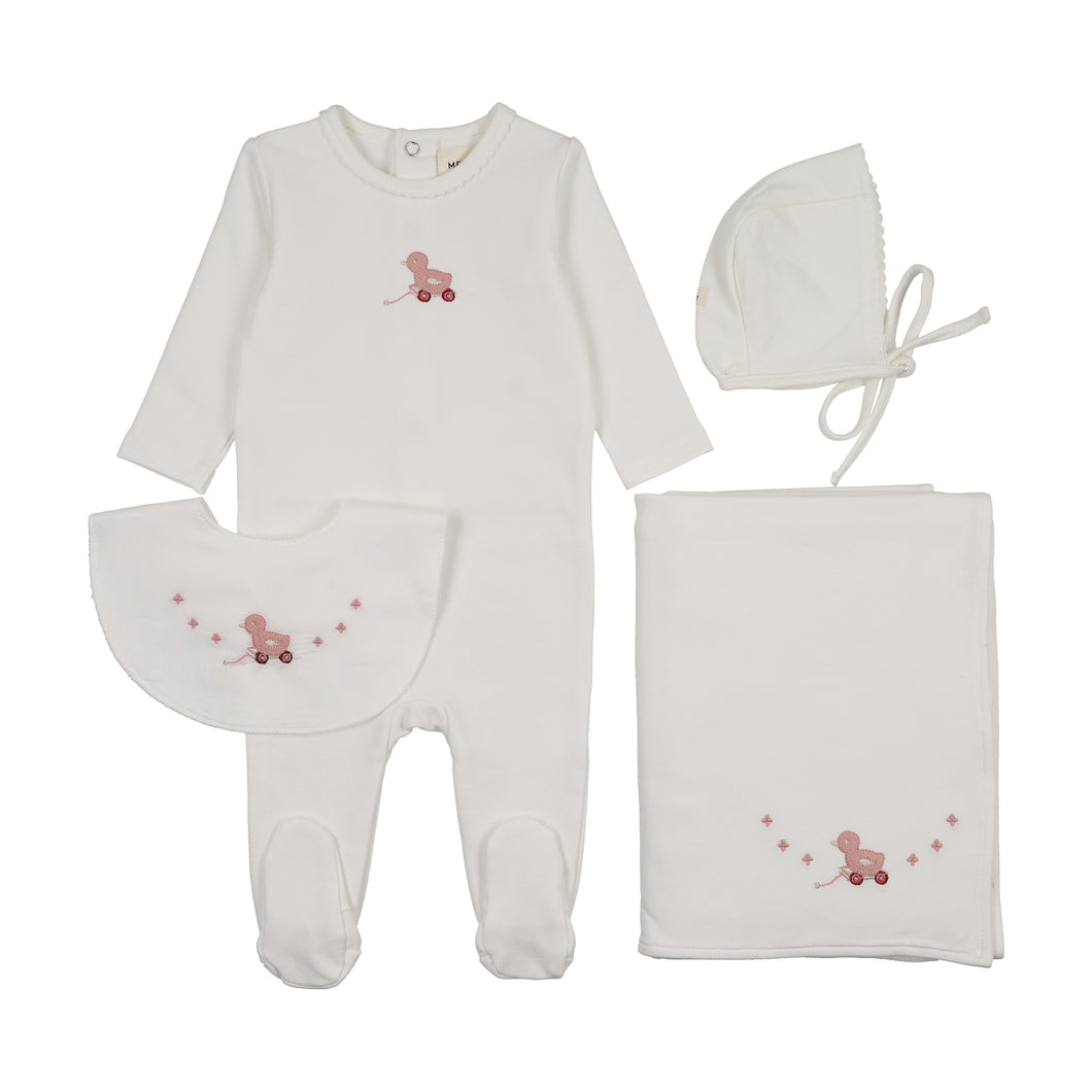 Embroidered duck layette set with bib - Winter white/pink duck