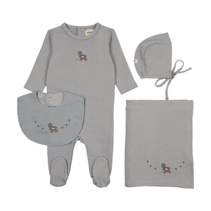 Embroidered duck layette set with bib - Windy blue/slate duck