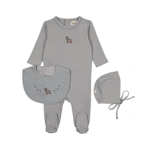 Embroidered duck footie, bonnet and bib - Windy blue/slate duck