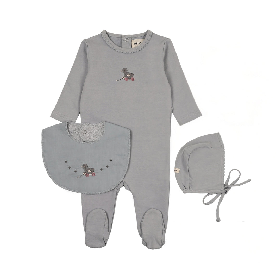 Embroidered duck footie, bonnet and bib - Windy blue/slate duck