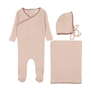 Textured embroidery edge layette set - soft pink/clay