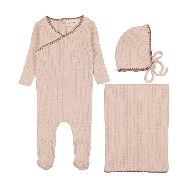 Textured embroidery edge layette set - soft pink/clay
