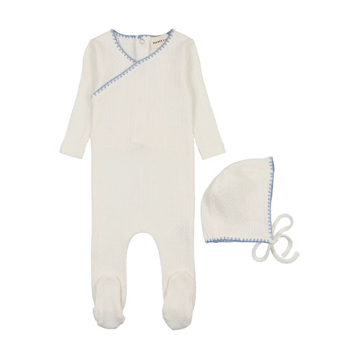 Textured embroidery edge footie and bonnet - white/soft blue
