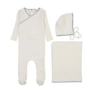 Textured embroidery edge layette set - white/soft blue