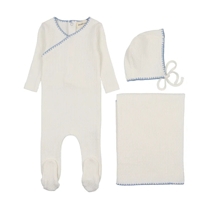 Textured embroidery edge layette set - white/soft blue
