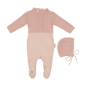 Mock cardigan footie and bonnet - Light rose
