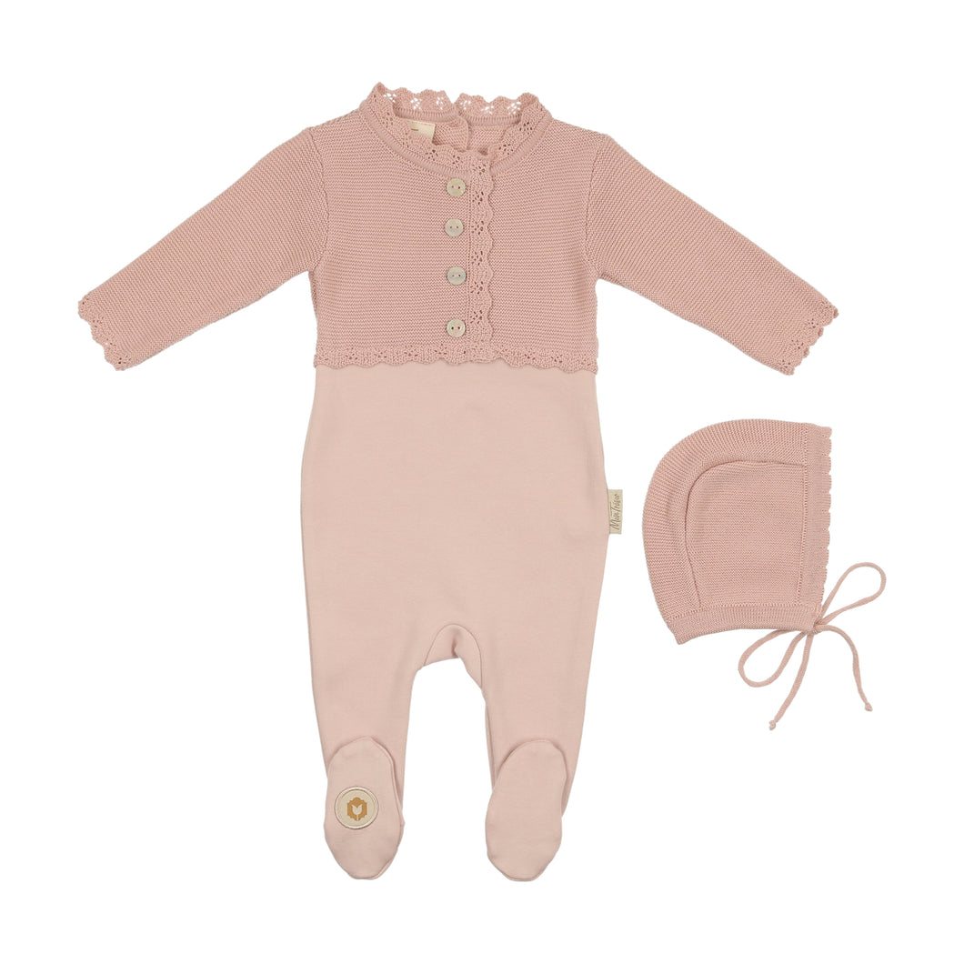 Mock cardigan footie and bonnet - Light rose