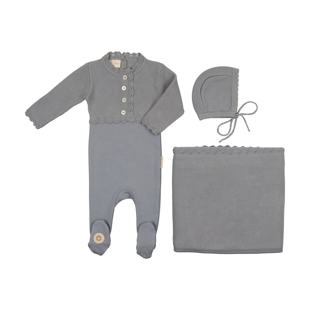 Mock cardigan layette set - Slate blue