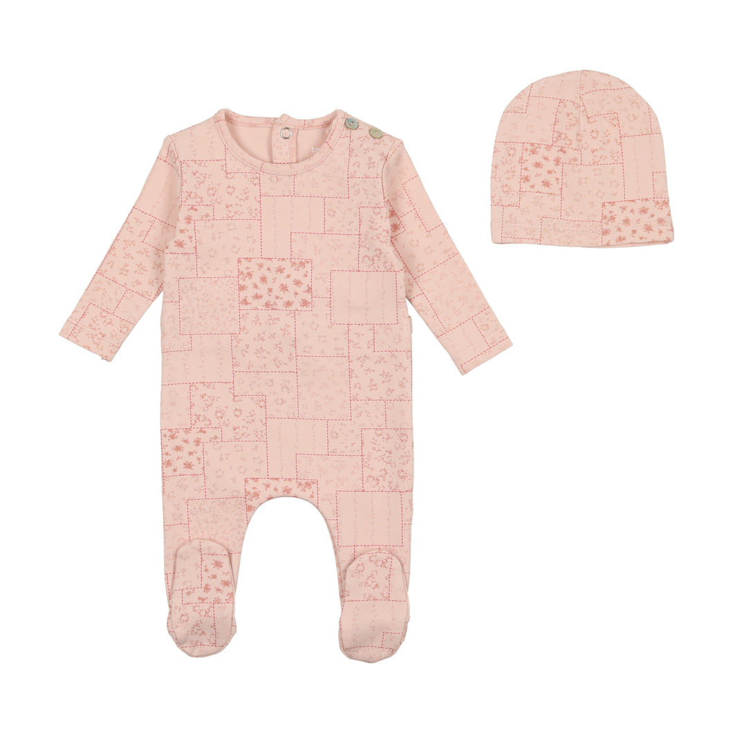 Multi floral design footie with beanie - Pink base