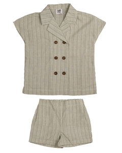 Double breasted collared pin striped shirt and shorts set - Olive NSE973