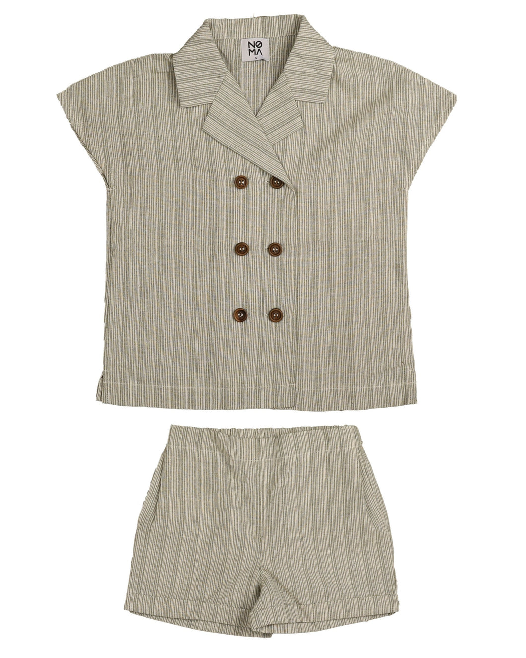 Double breasted collared pin striped shirt and shorts set - Olive NSE973