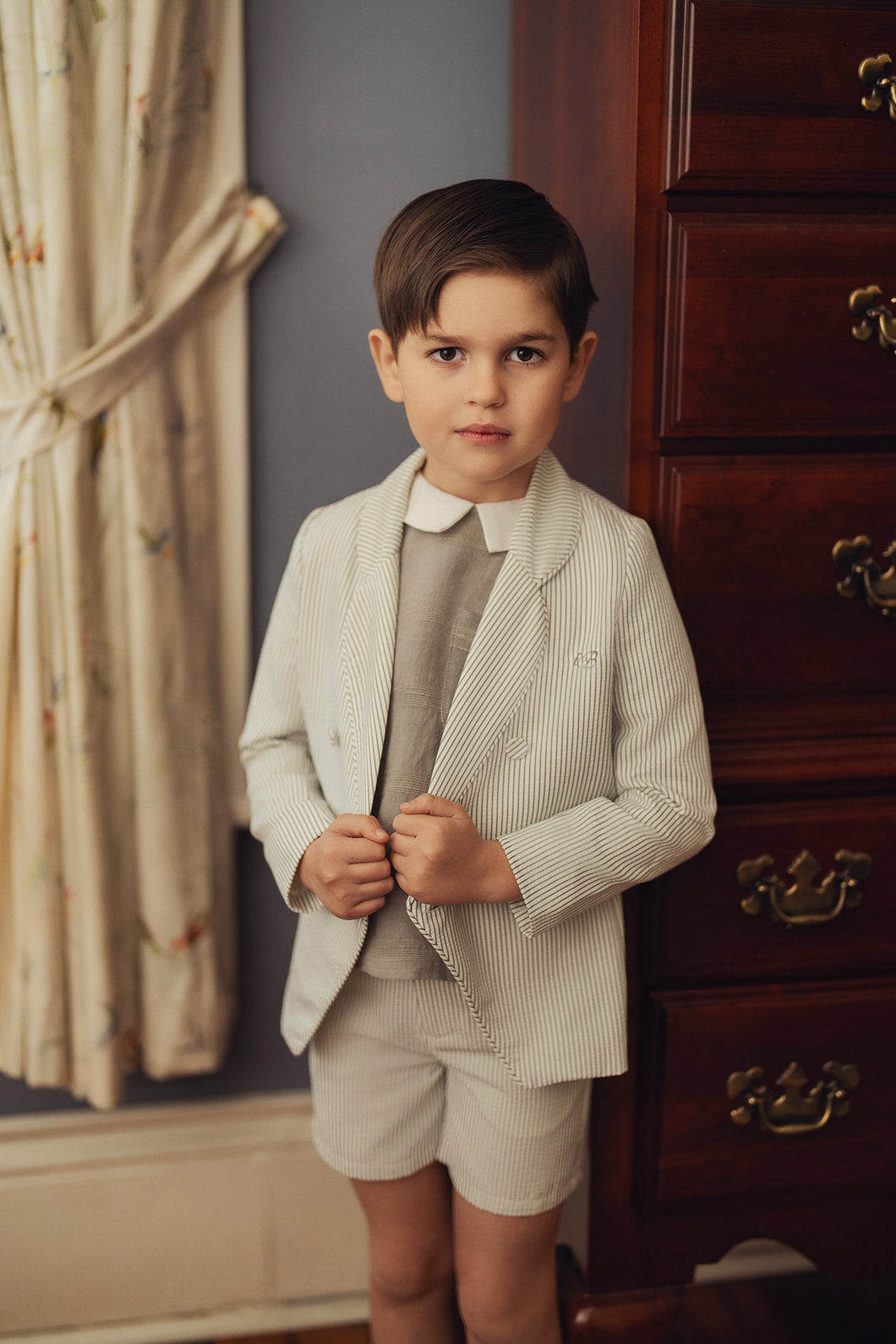 Seersucker piped blazer - dusty blue