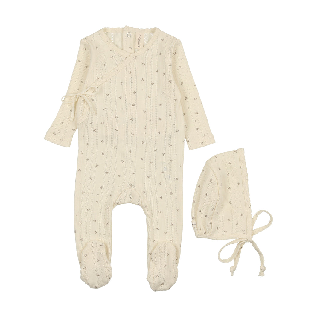 Printed pointelle wrap footie set - Milk/taupe