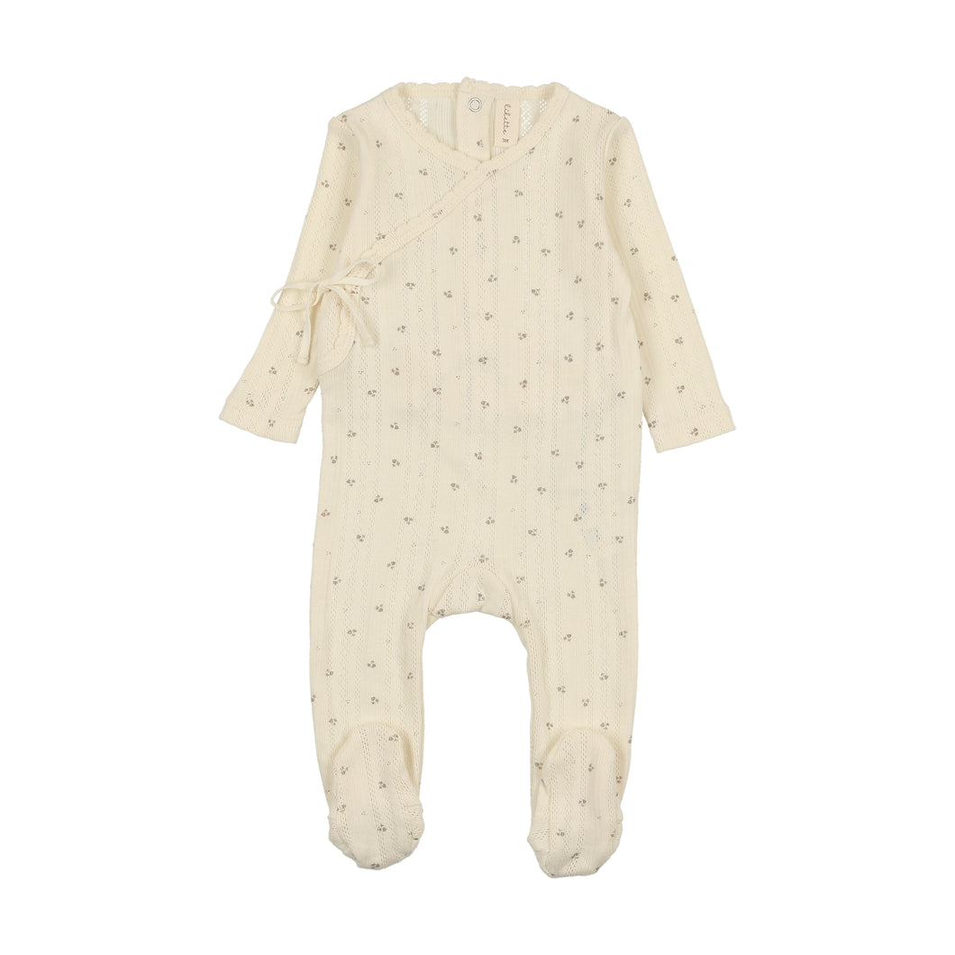 Printed pointelle wrap footie - milk/taupe