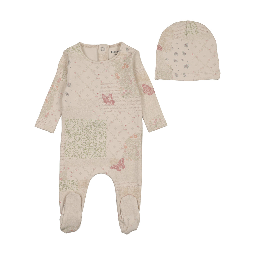 Organic paper print footie and beanie - girl print