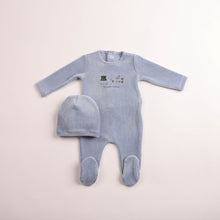 Load image into Gallery viewer, Paraphenalia velour footie and beanie - Crystal blue
