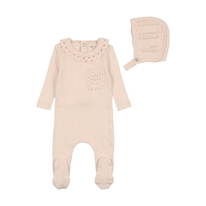 Pointelle with knit collar footie and hat - champagne pink