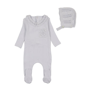 Pointelle with knit collar layette set - crisp blue