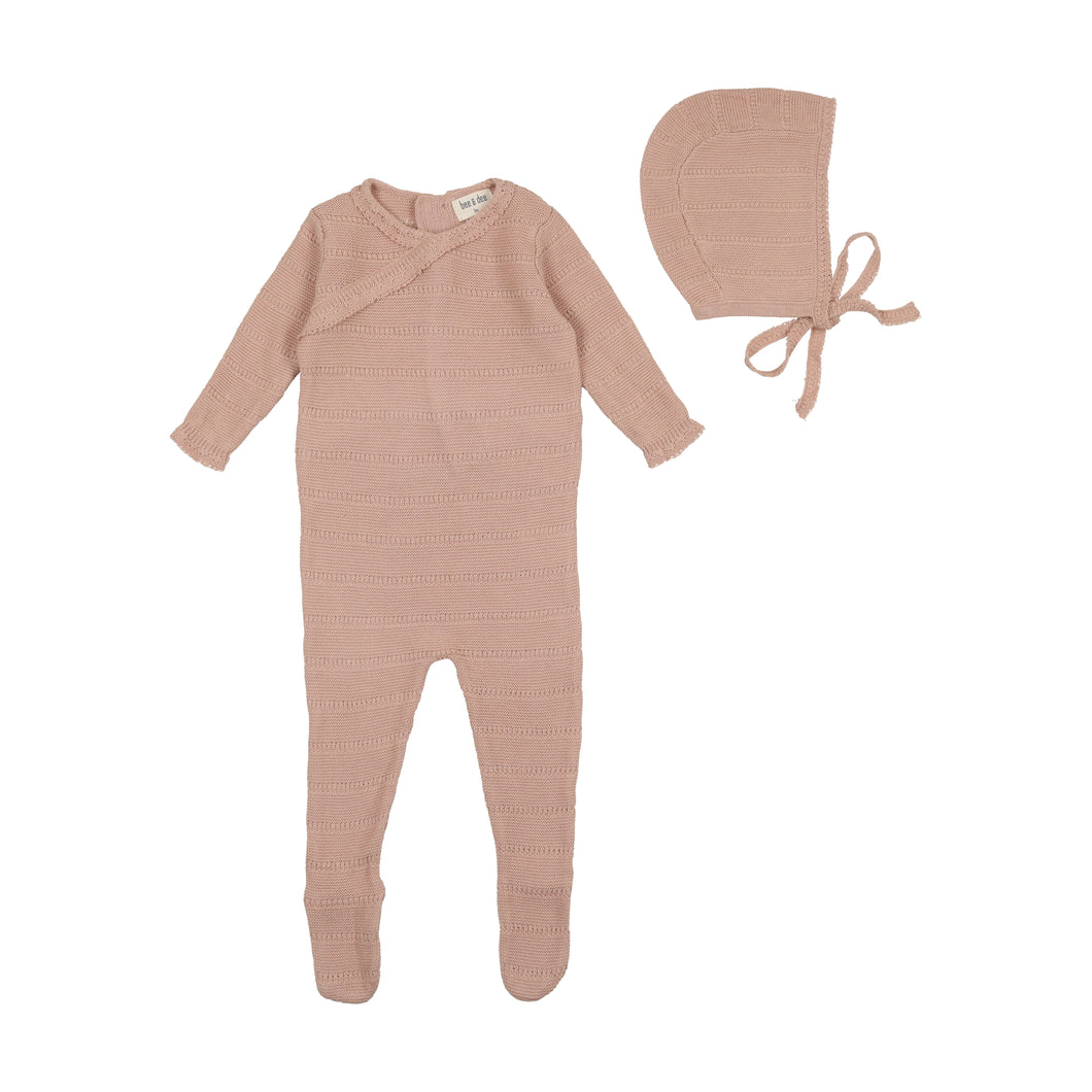 Pointelle knit footie with bonnet - Darling pink