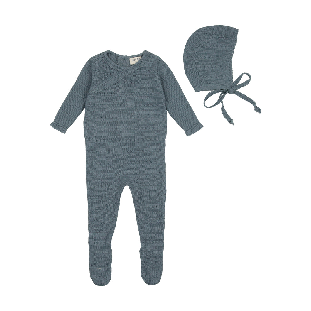 Pointelle knit footie with bonnet - Storm blue