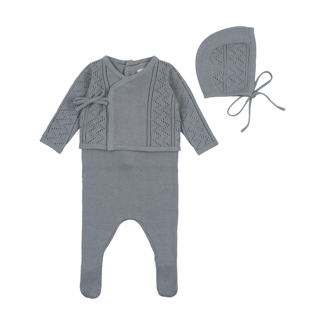 Pointelle wrap romper and bonnet - antique blue