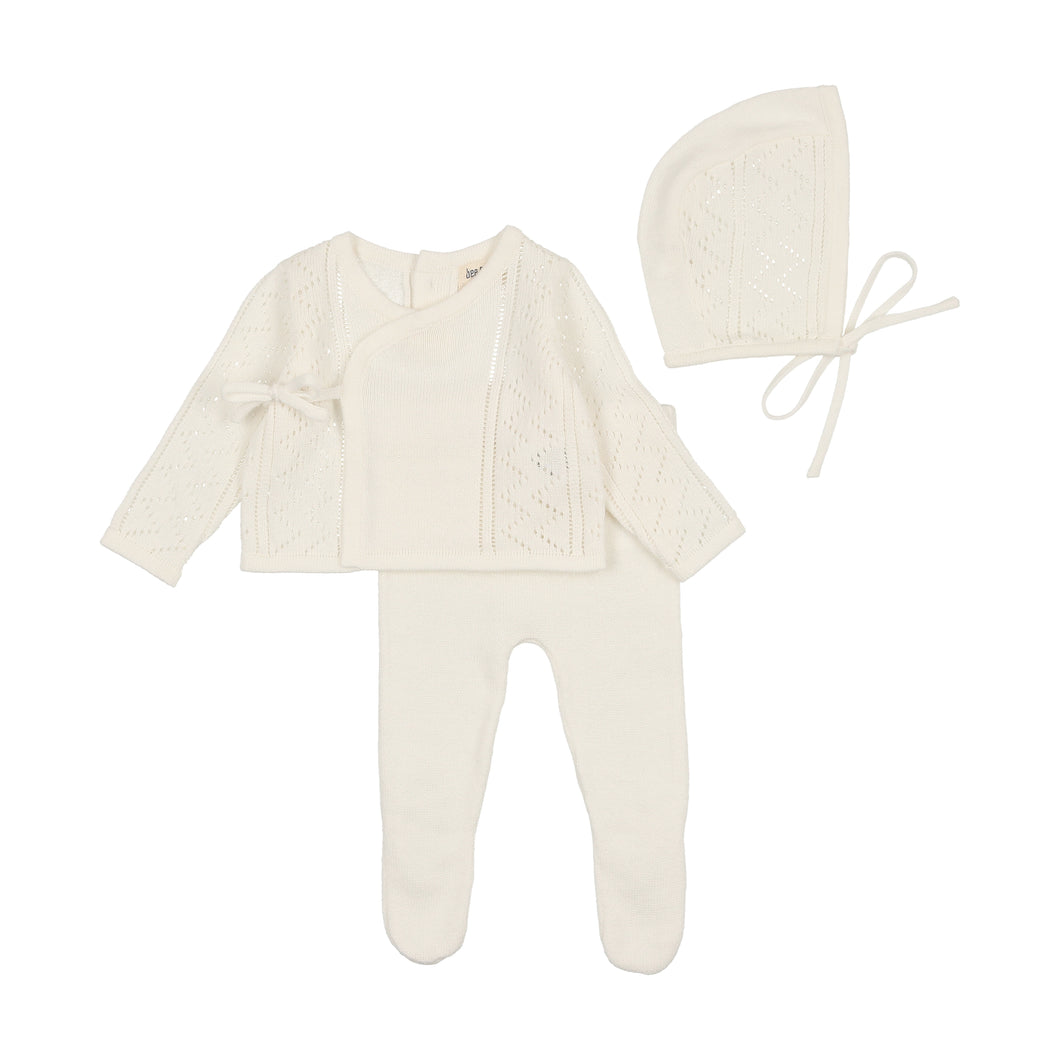 Pointelle wrap romper and bonnet - arctic white