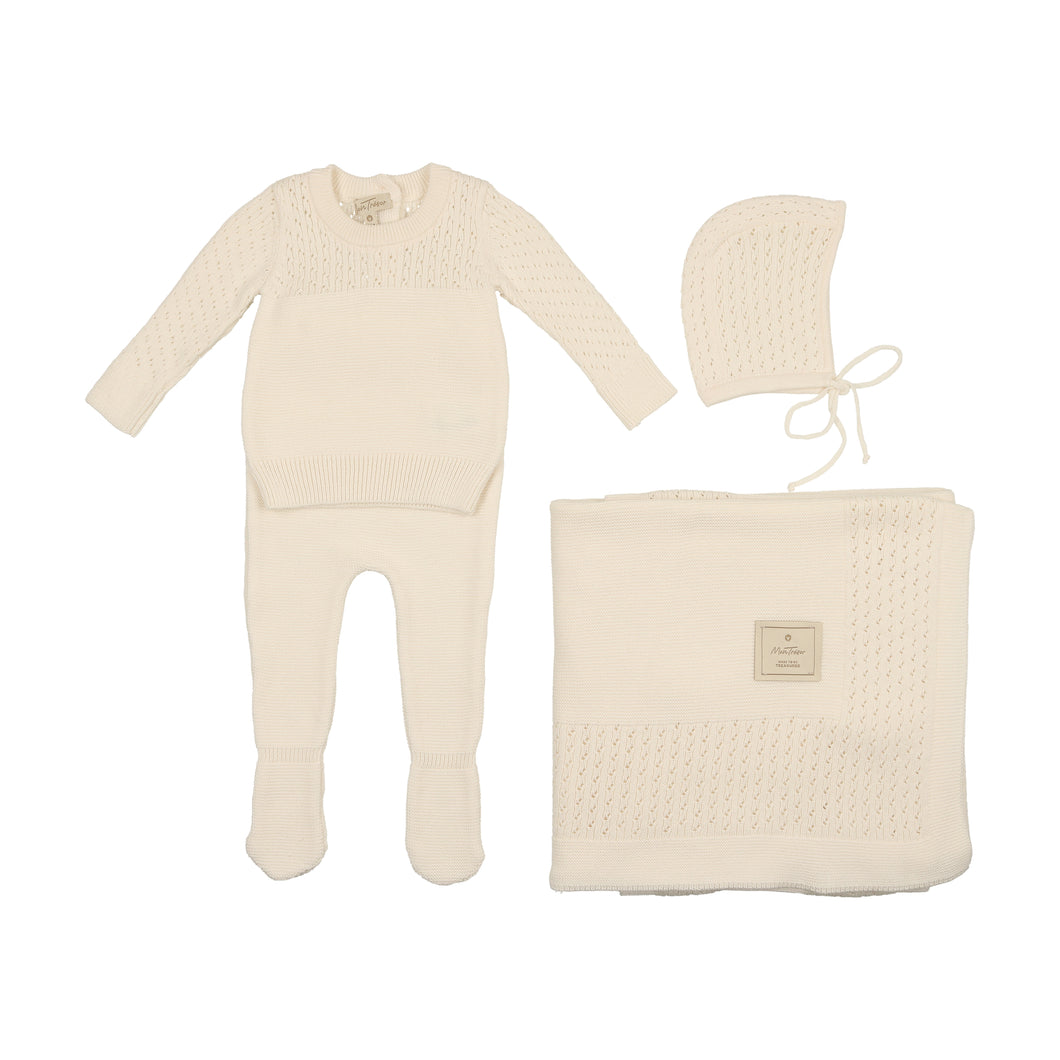 Precious pearl two pc knit set with hat and blanket