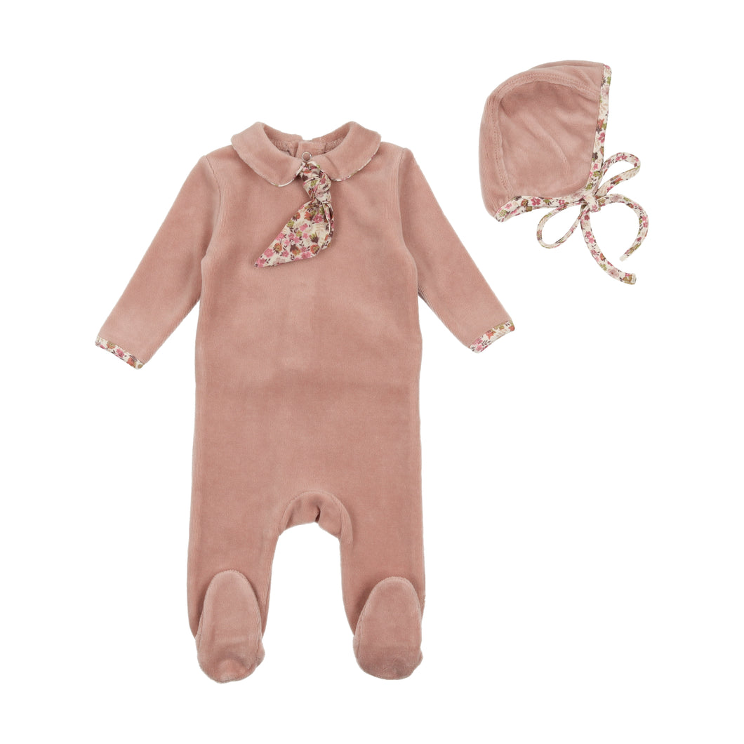 Print tie velour layette set - mauve