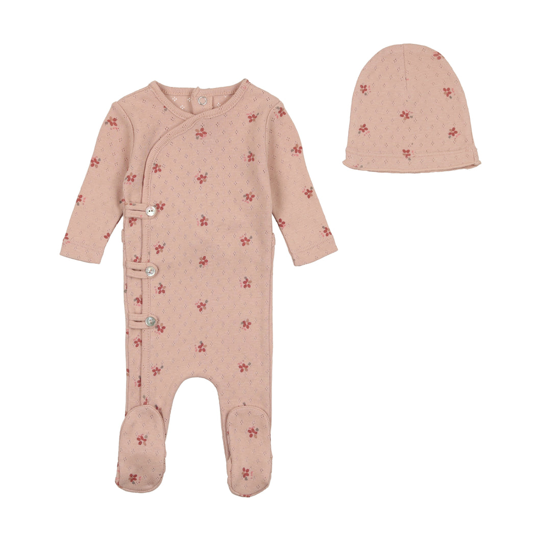 Printed pointelle footie with beanie - dark base girl