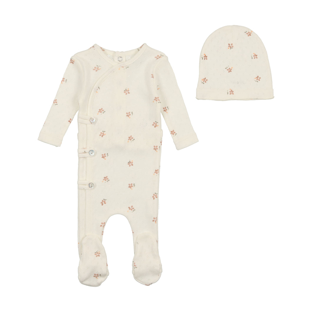 Printed pointelle footie with beanie - light base girl