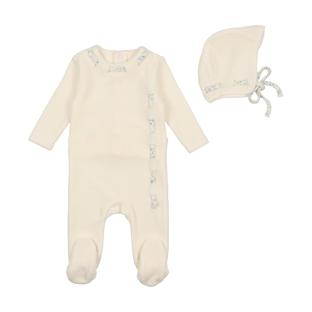 Ribbon weave velour footie with bonnet - snow white boy